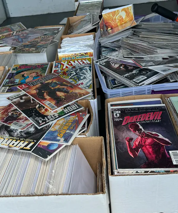 Bins of modern comics from a store close-out